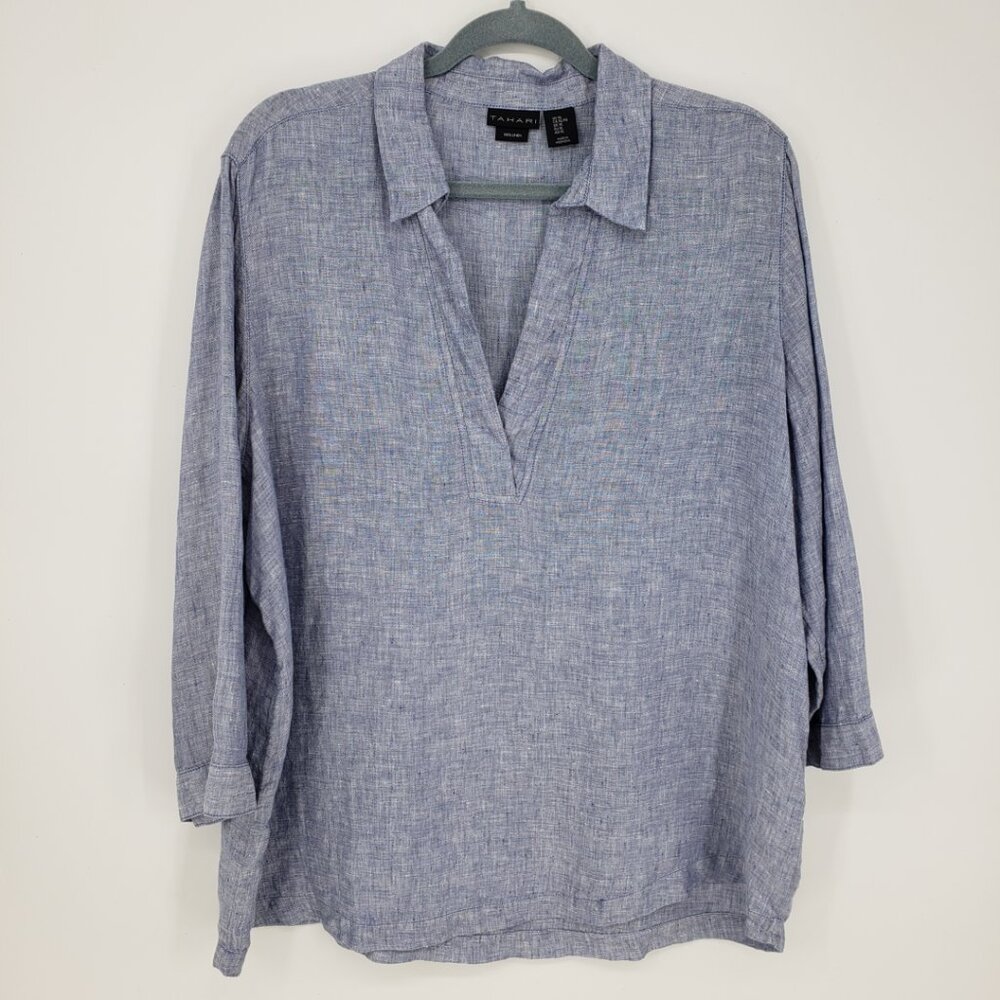 Tahari Light Blue Linen Blend V-Neck Blouse